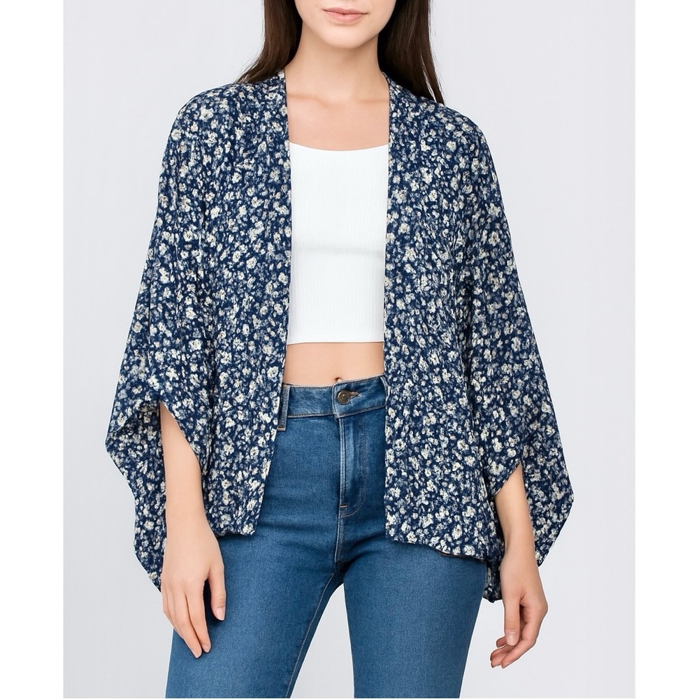 Dylan & Rose Ditsy Floral Wide Short Sleeve Semi Sheer Cropped Open Front Kimono